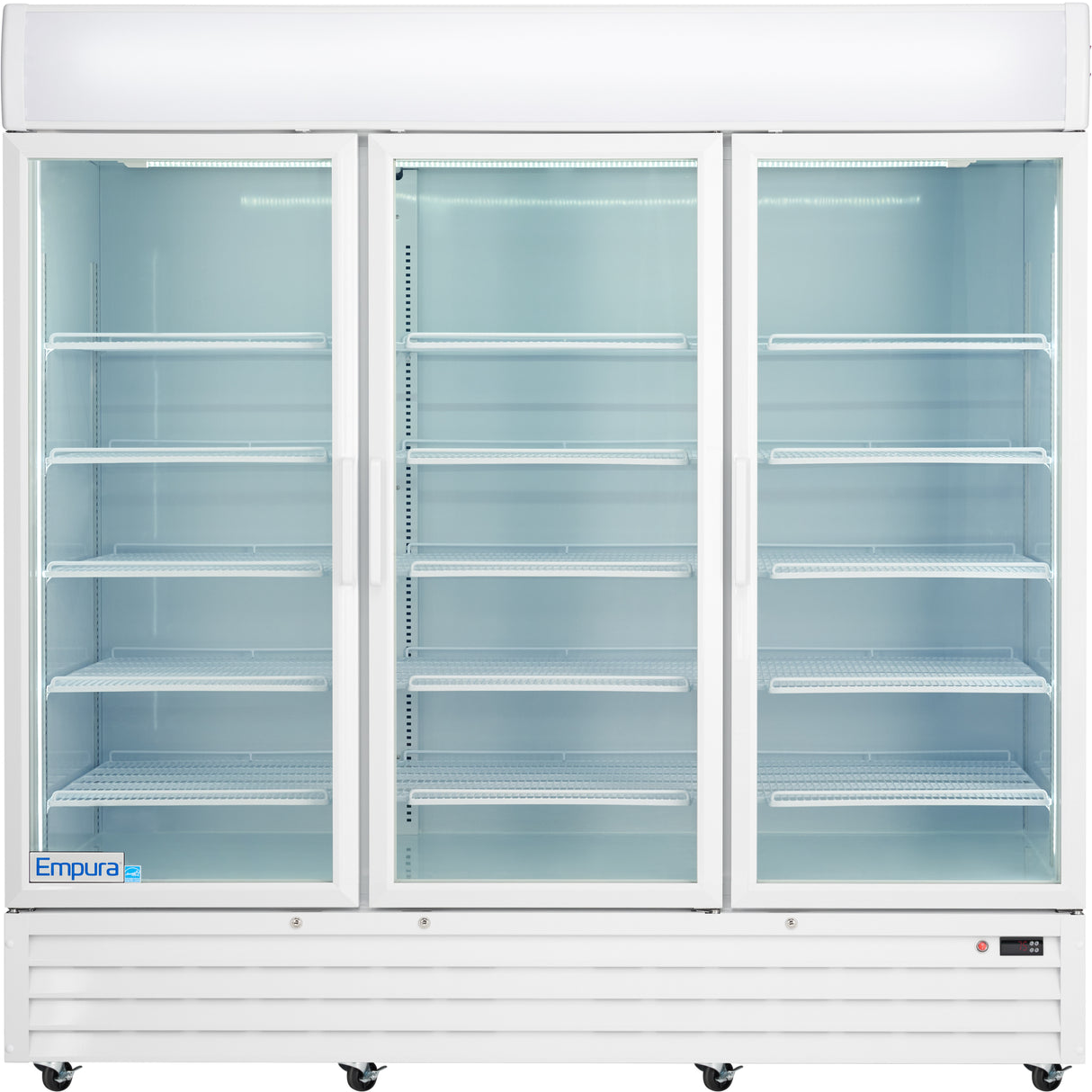 Empura 78" White Swing Glass 3 Door Merchandiser Refrigerator with ClearKeeper™ Glass, 66.6 Cu. Ft., LED Lighting, 15 Adjustable Shelves