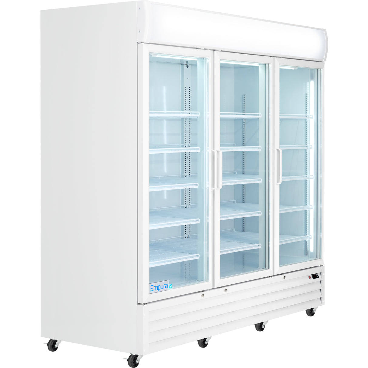 Empura 78" White Swing Glass 3 Door Merchandiser Refrigerator with ClearKeeper™ Glass, 66.6 Cu. Ft., LED Lighting, 15 Adjustable Shelves