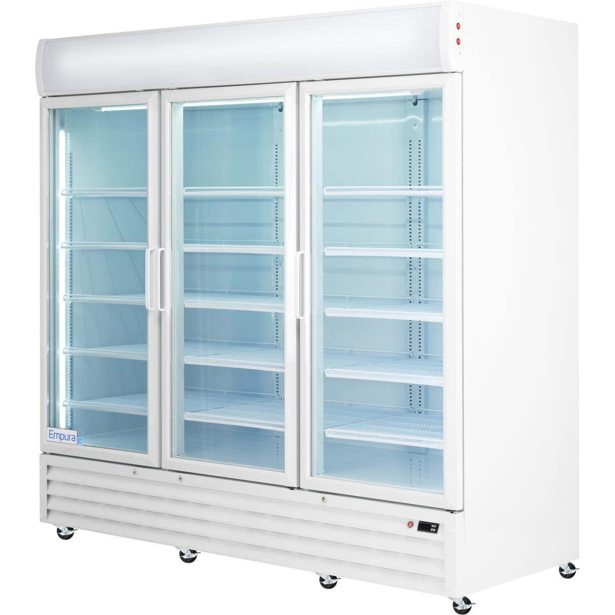 Empura 78" White Swing Glass 3 Door Merchandiser Refrigerator with ClearKeeper™ Glass, 66.6 Cu. Ft., LED Lighting, 15 Adjustable Shelves