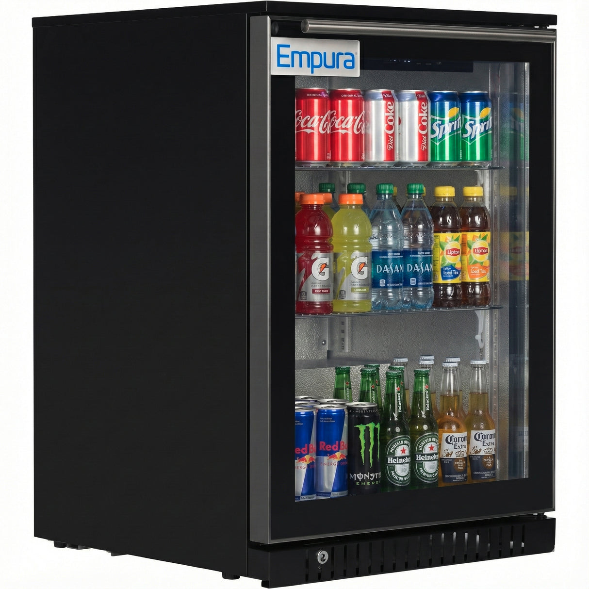 Empura 24" Black Swing Glass Door Undercounter Merchandiser Refrigerator with ClearKeeper™ Glass, 5.5 Cu. Ft., LED Lighting, Locking Glass Door