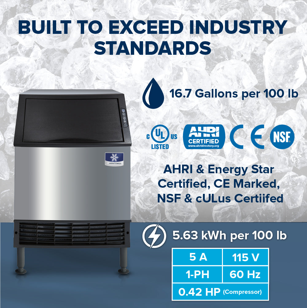 Manitowoc UDF0140A Ice machine with certification logos and specifications on a textured background