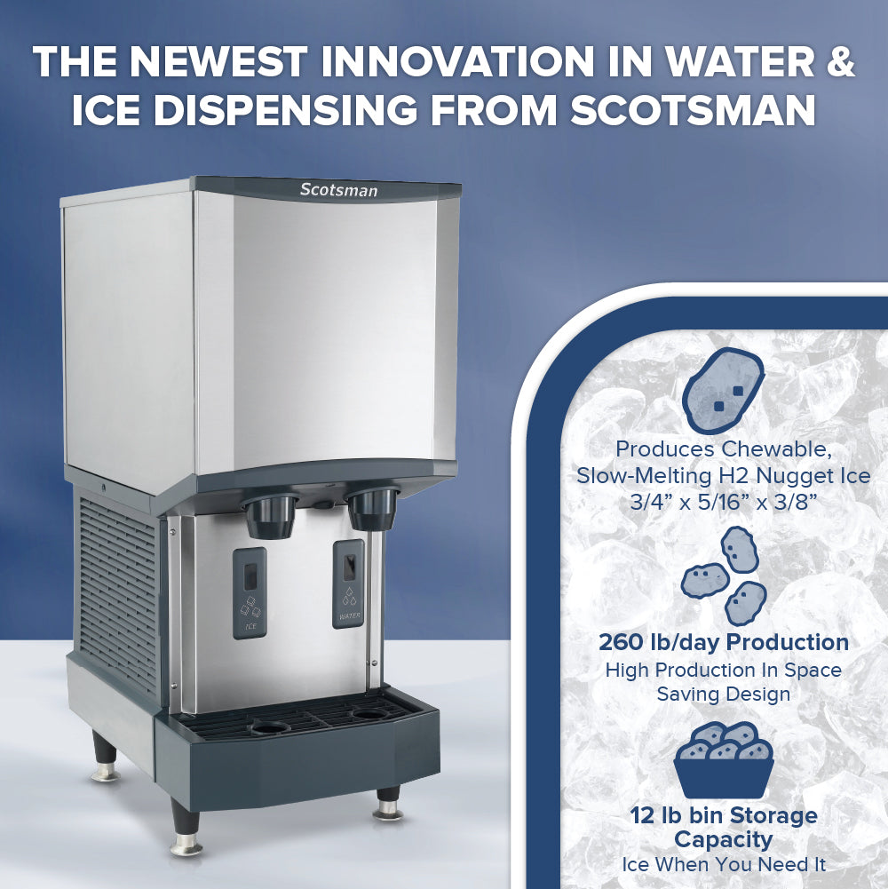 Scotsman HID312A-1 ice and water dispensing machine with product features on a blue background