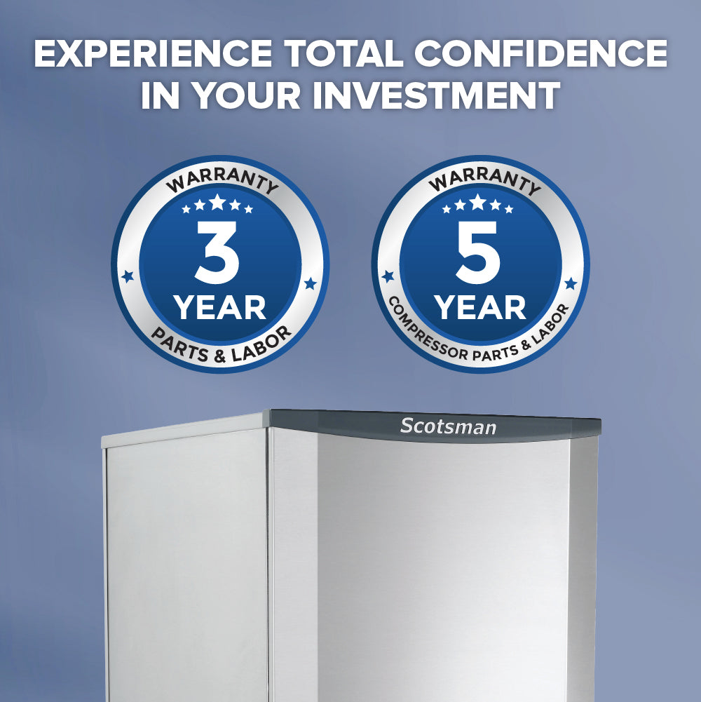 Scotsman HID312A-1 ice maker with 3-year and 5-year warranty icons on a blue background