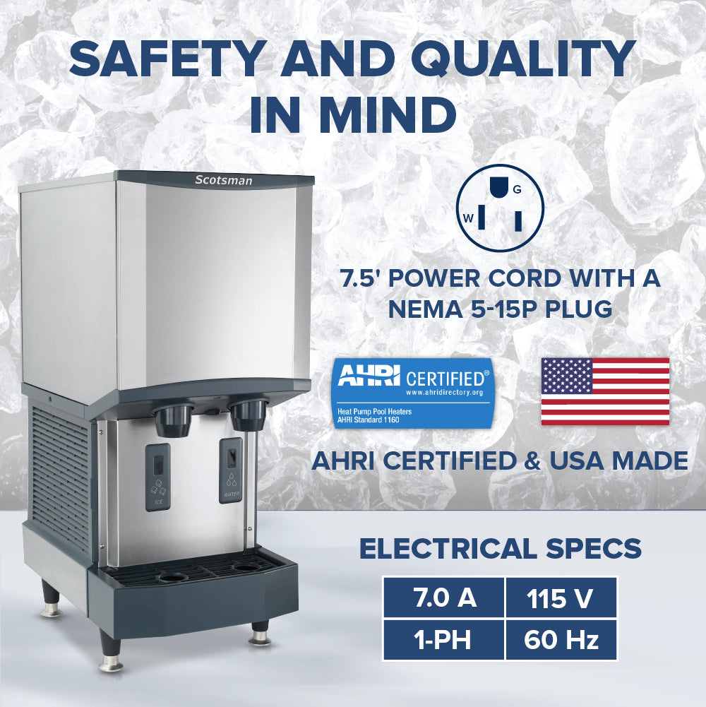 Scotsman HID312A-1 ice machine with safety and quality features highlighted on a textured gray background