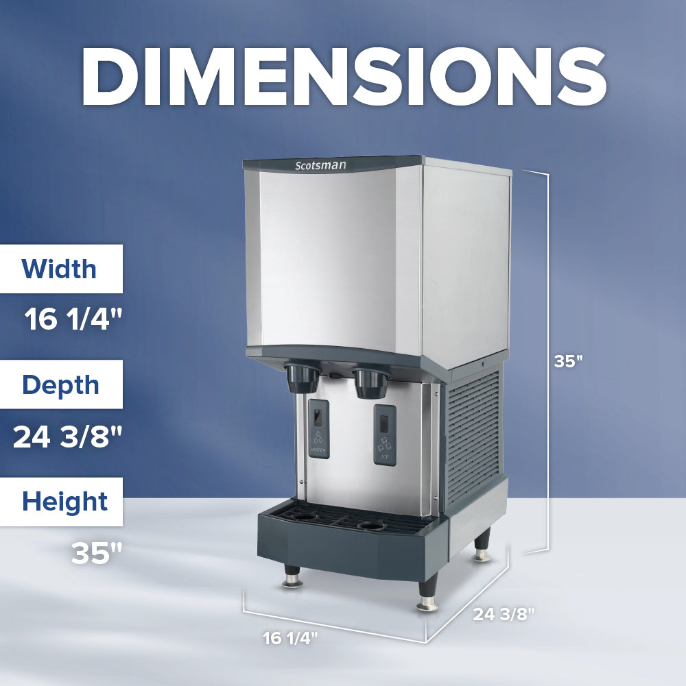 Ice machine with dimensions displayed on a blue background Scotsman HID312A-1
