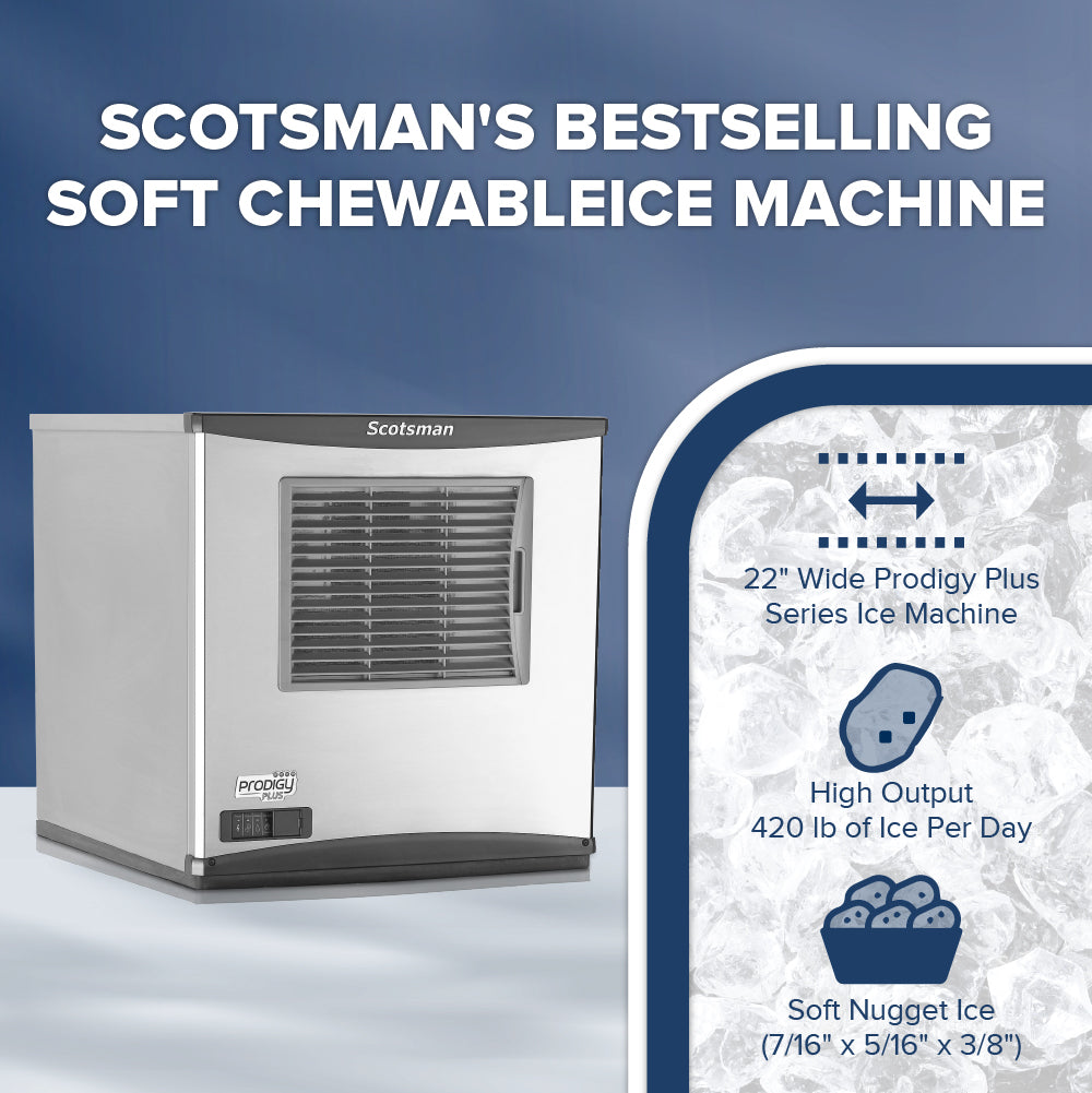 Scotsman NS0422A-1 ice machine with product details on a blue background