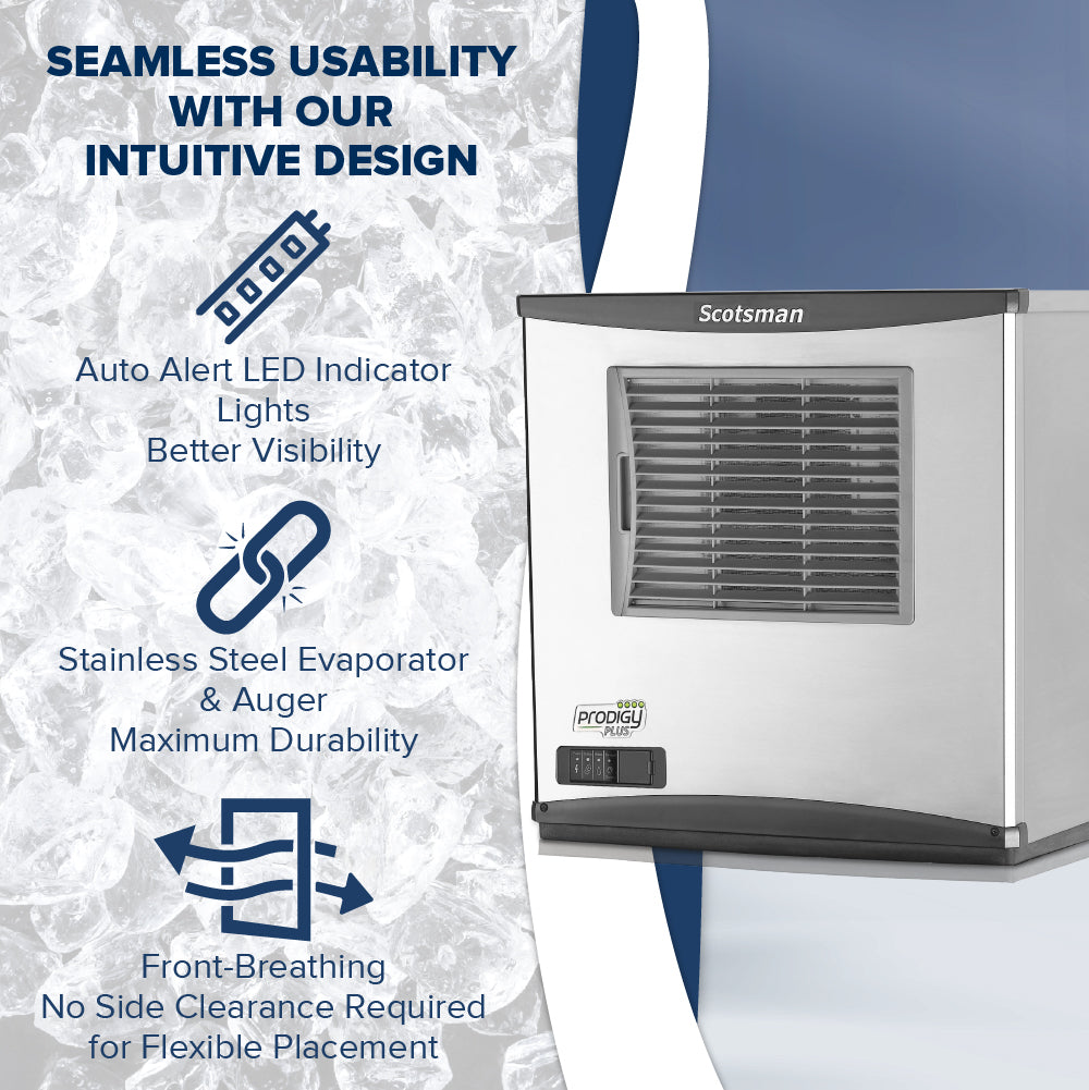 Scotsman NS0422A-1 ice machine with features listed on a textured gray background