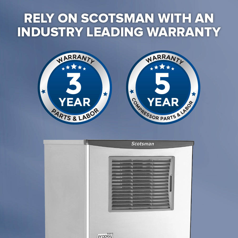 Scotsman NS0422A-1 ice machine with warranty information on a blue background