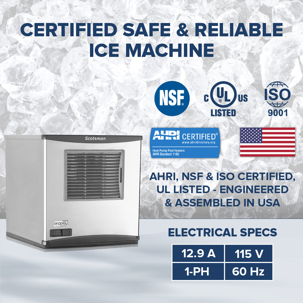 Scotsman NS0422A-1 Ice machine with certification logos and electrical specifications on a background of ice cubes.