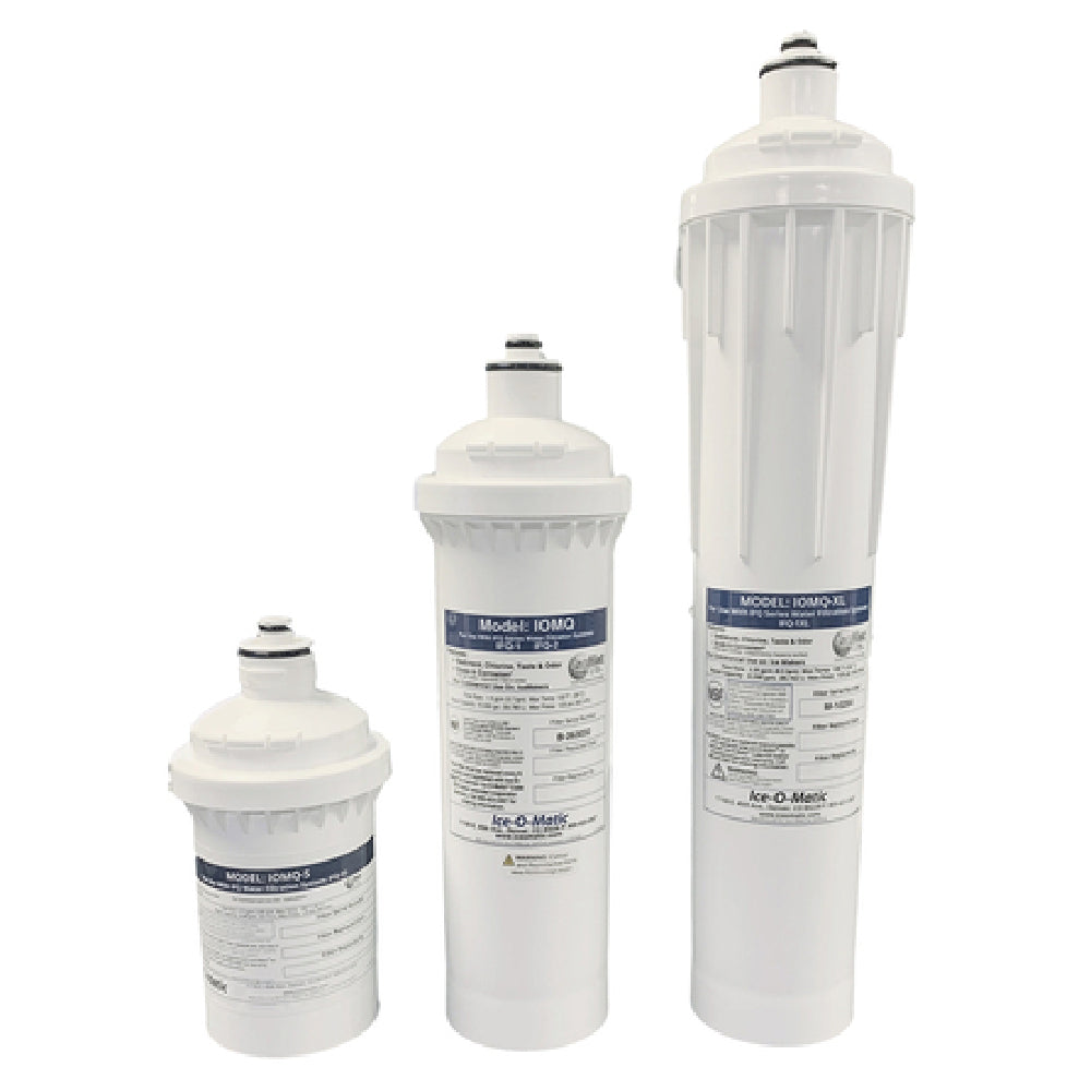 Three white water filter replacement cartridges in ascending height for Ice-O-Matic IOMQ-XL