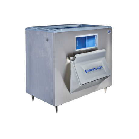 Stainless steel large upright storage bin with slanted front door for commercial ice