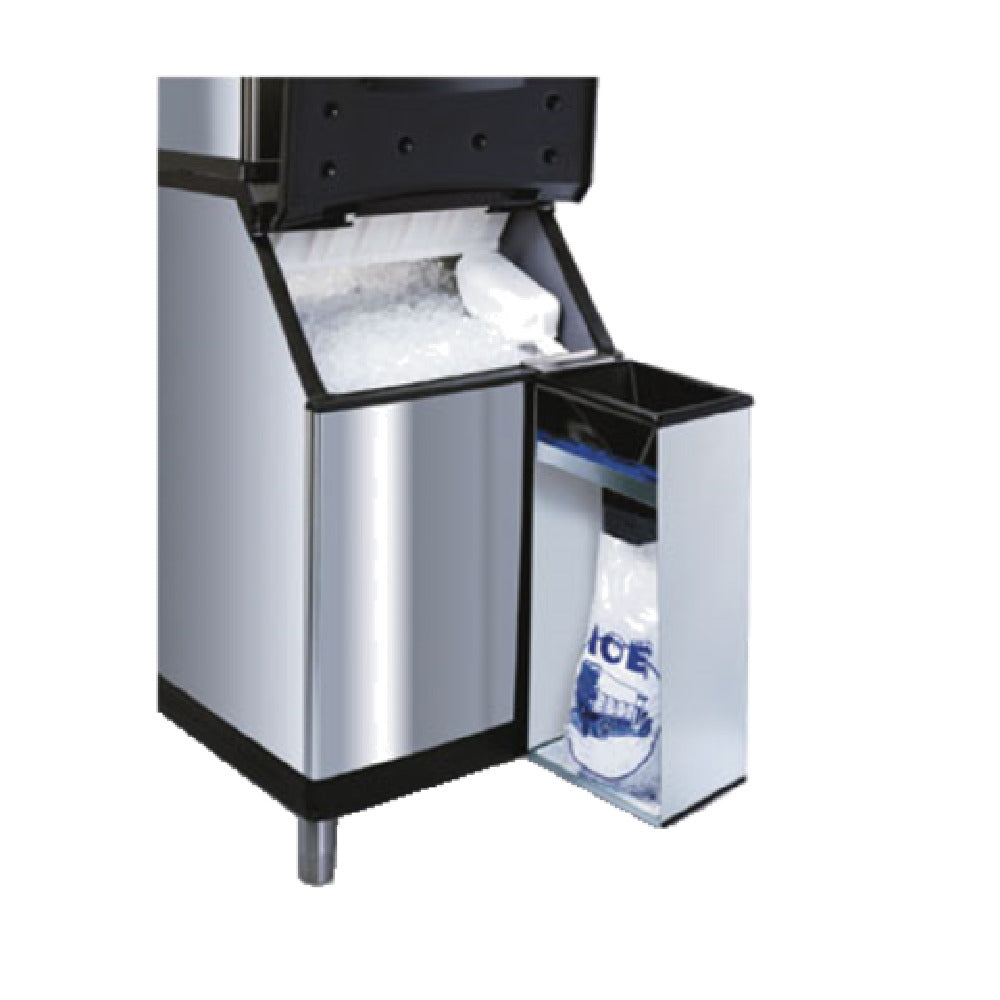 Commercial ice machine with Manitowoc K00068 bag kit, storage bin, and ice scoop holder