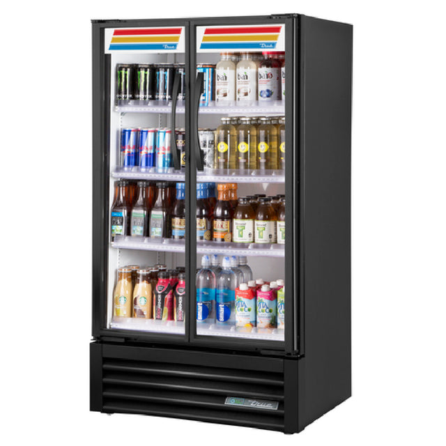 Commercial beverage refrigerator with glass doors in True Refrigeration Slim Line Visual Merchandiser