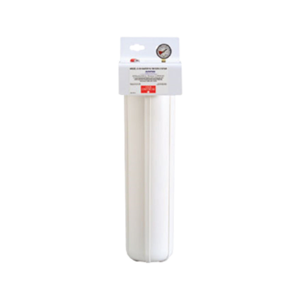 White cylindrical water filter housing with outlet pressure gauge for Everpure EV910031 Single BB Prefilter