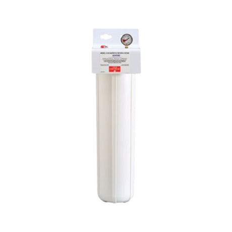 White cylindrical water filter housing with outlet pressure gauge for Everpure EV910031 Single BB Prefilter