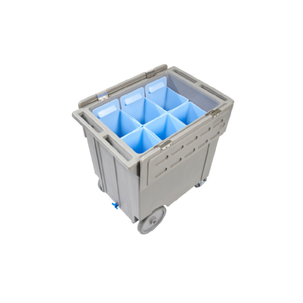 Gray wheeled NSF ice cart with blue dividers, ideal for replacement NSF ice storage