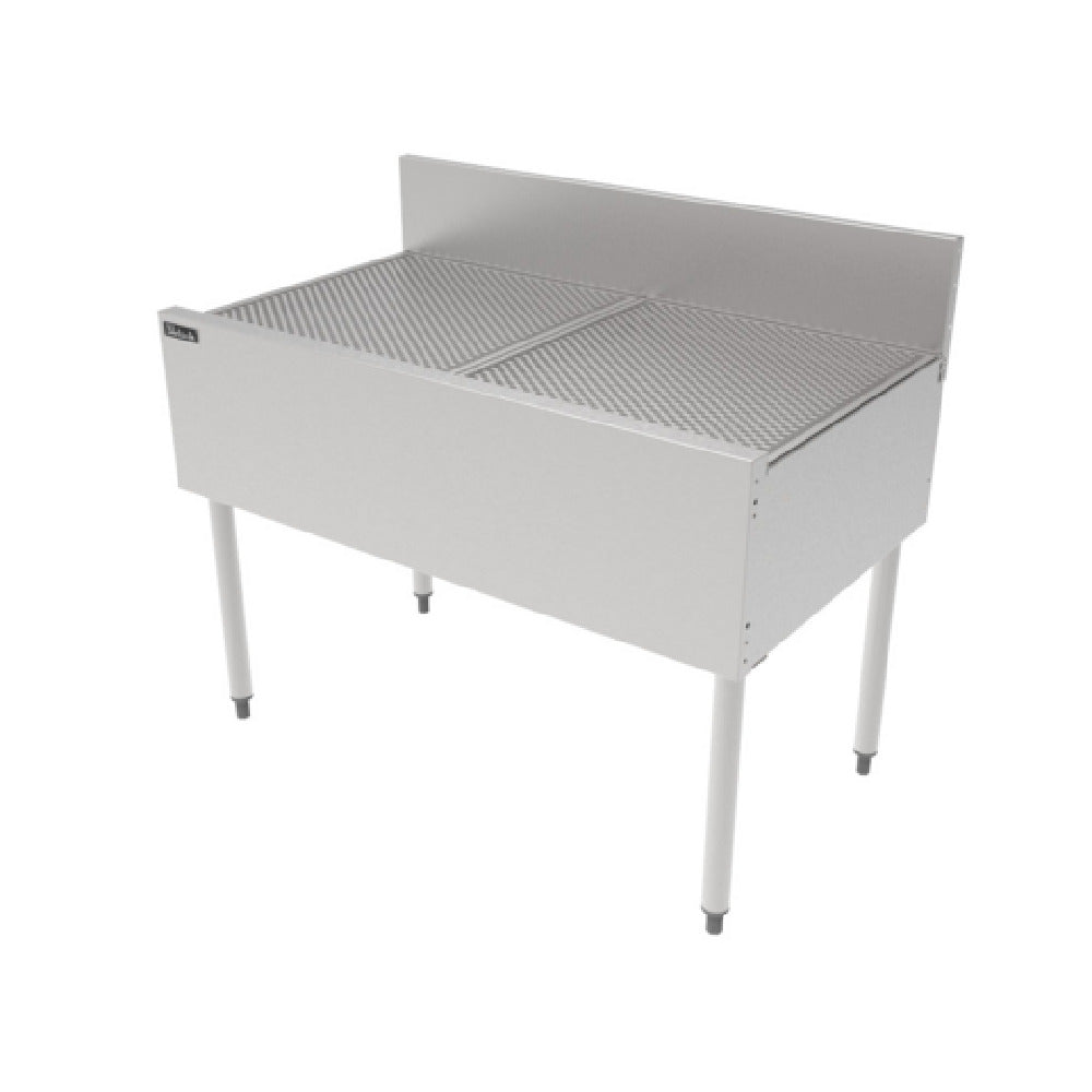 Stainless steel TSF Series Underbar Drainboard workstation with perforated top and legs