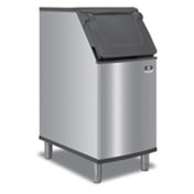 Stainless steel ice bin featuring a slanted top lid and side-hinged front-opening door