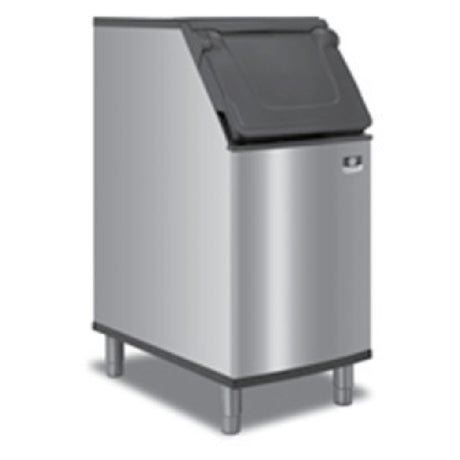 Stainless steel ice bin featuring a slanted top lid and side-hinged front-opening door
