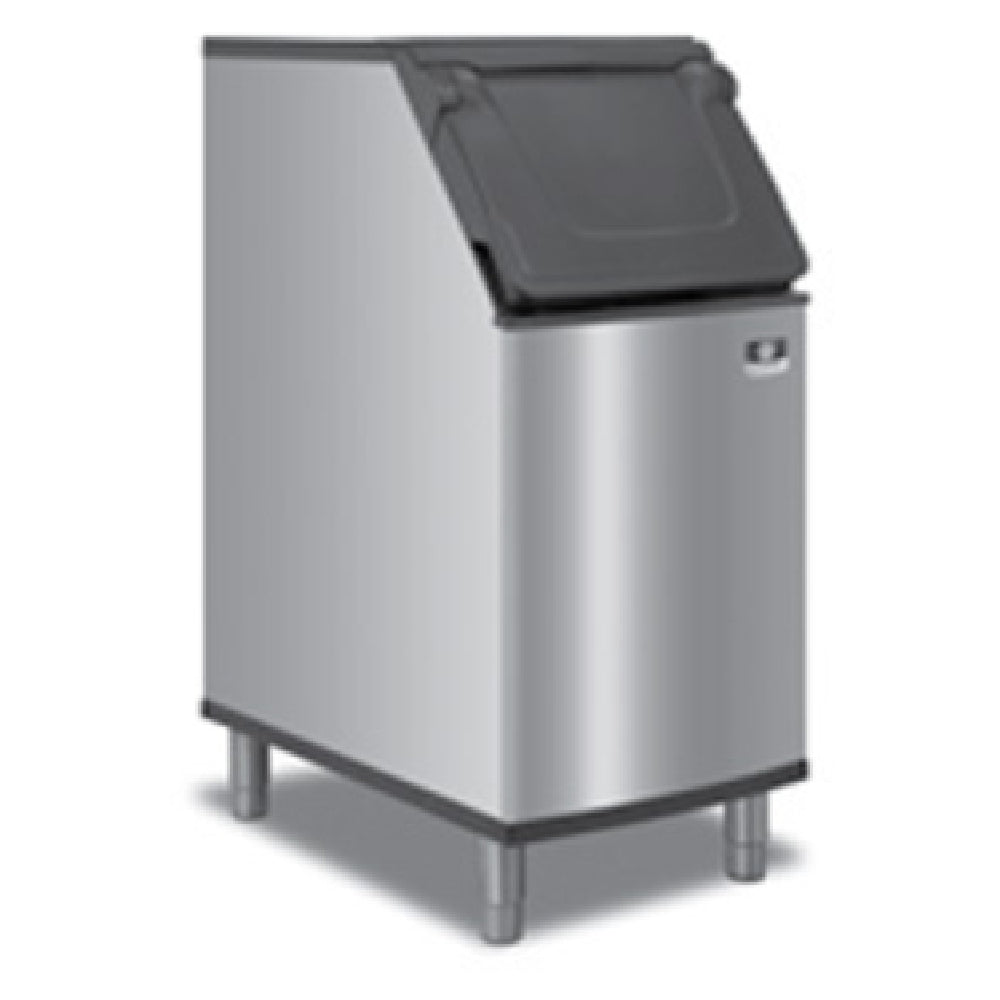Stainless steel ice storage bin with slanted lid and side-hinged front-opening door