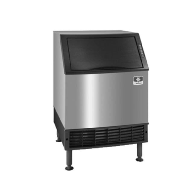 Stainless steel Manitowoc URF0140A undercounter ice maker with black trim and ventilation grilles