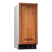 Wood-paneled refrigerator cabinet with a black base unit for Hoshizaki AM-50BAJ-ADDS ice maker