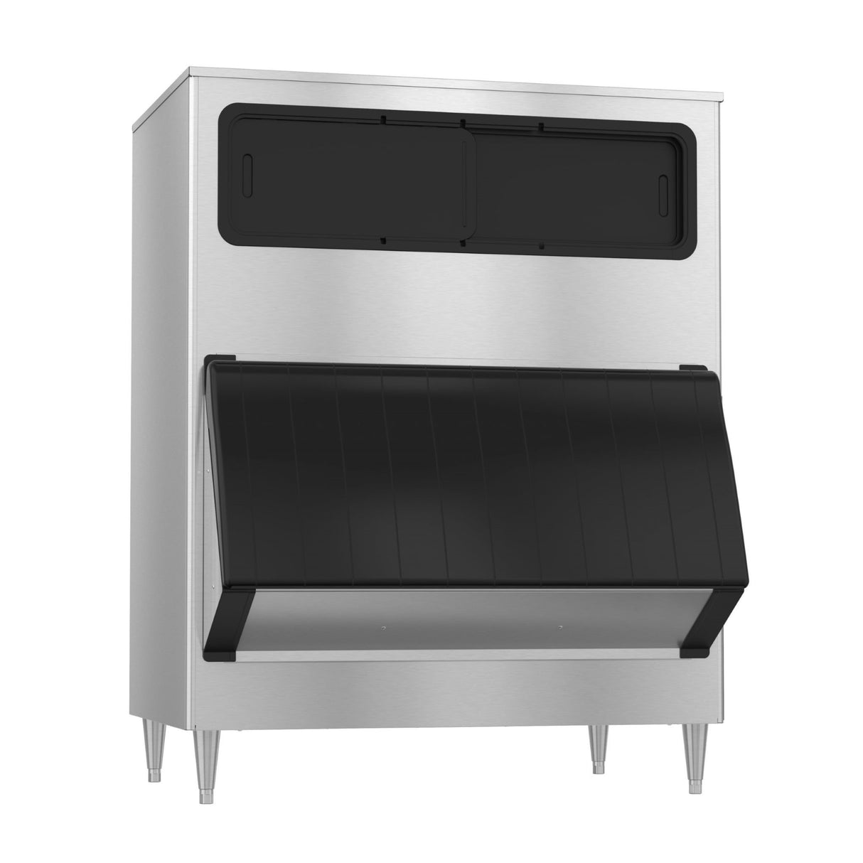 Stainless steel Hoshizaki B-1150SS ice bin with black front panel and view windows