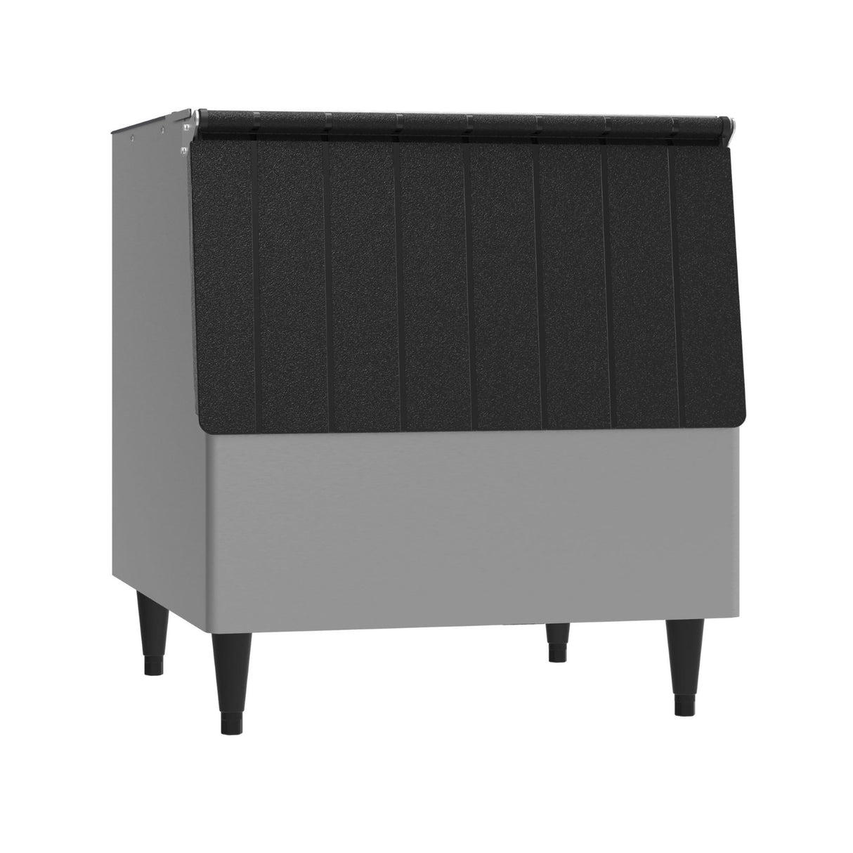 Commercial ice storage bin with dark top and gray stainless steel base, B-250SF model