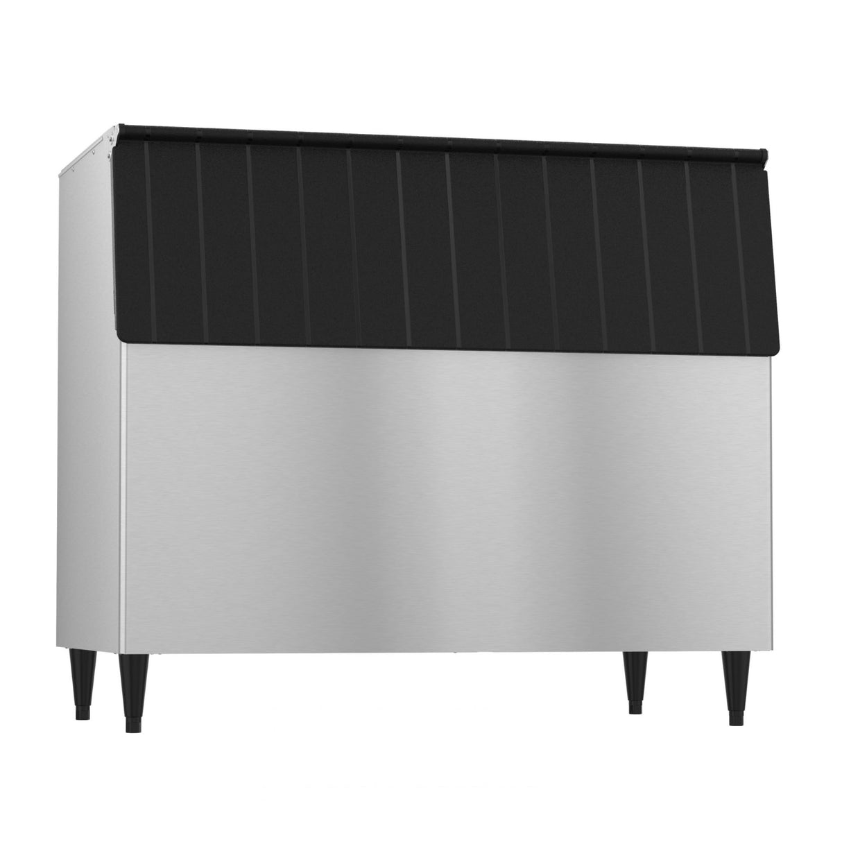 Stainless steel ice bin with top-hinged front-opening door for top-mounted ice makers