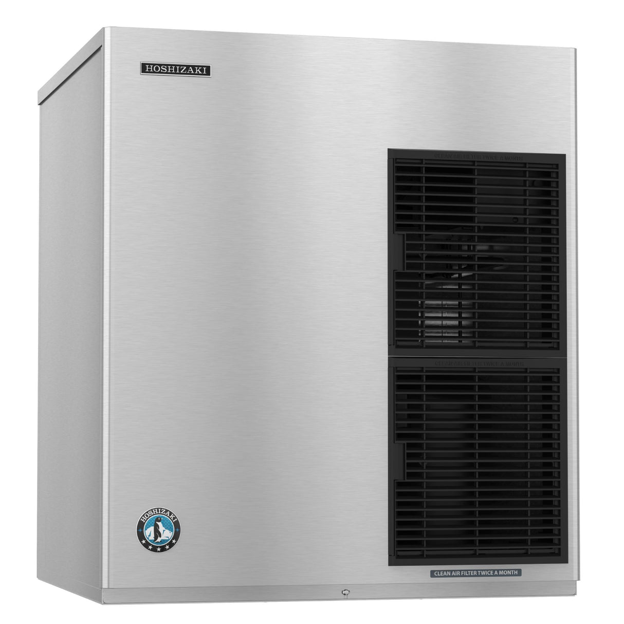 Stainless steel Hoshizaki F-2001MRJ ice maker with black ventilation panel displayed