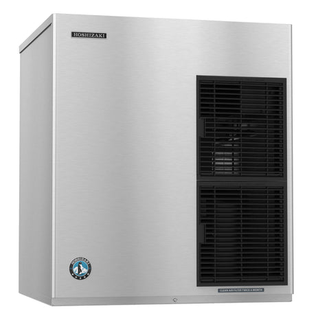 Stainless steel Hoshizaki F-2001MRJ ice maker with black ventilation panel displayed