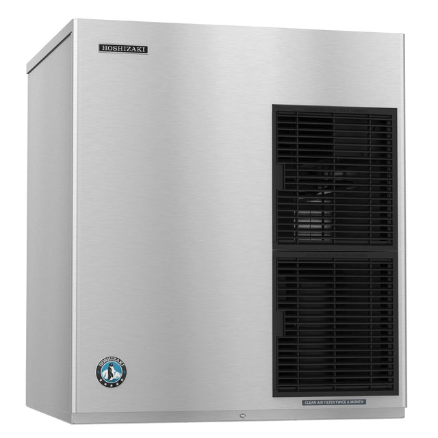 Stainless steel Hoshizaki F-2001MRJ ice maker with black ventilation panel displayed