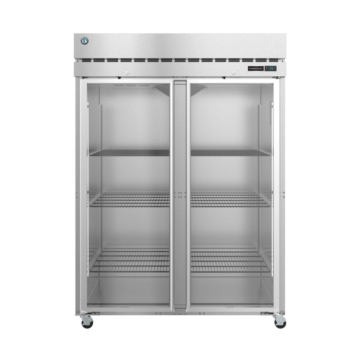Commercial stainless steel refrigerator with glass doors from Hoshizaki Steelheart Series