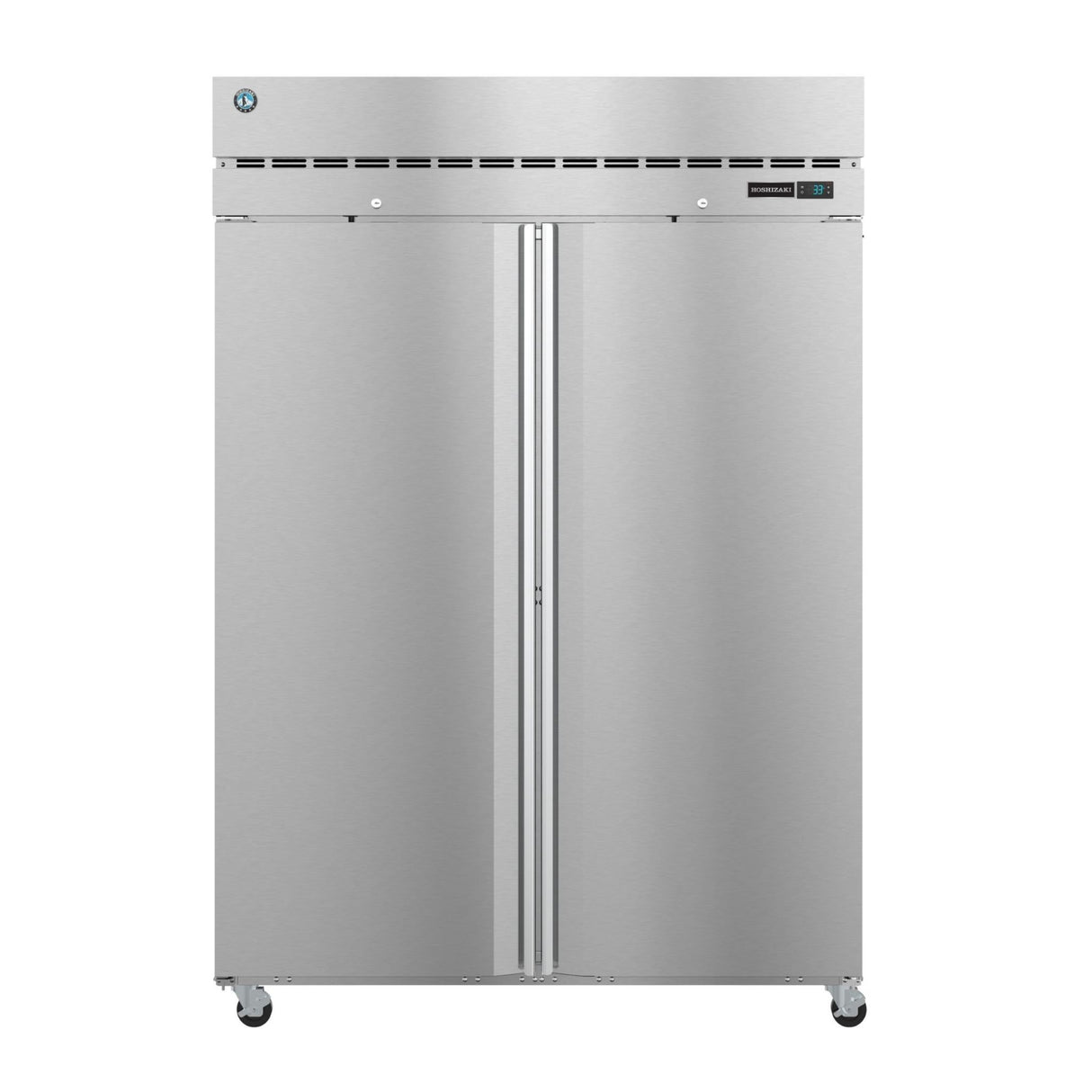 Stainless steel double-door commercial refrigerator on wheels from Steelheart Series Freezer