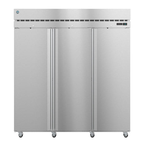 Stainless steel commercial refrigerator on wheels, part of Hoshizaki Steelheart Series Freezer