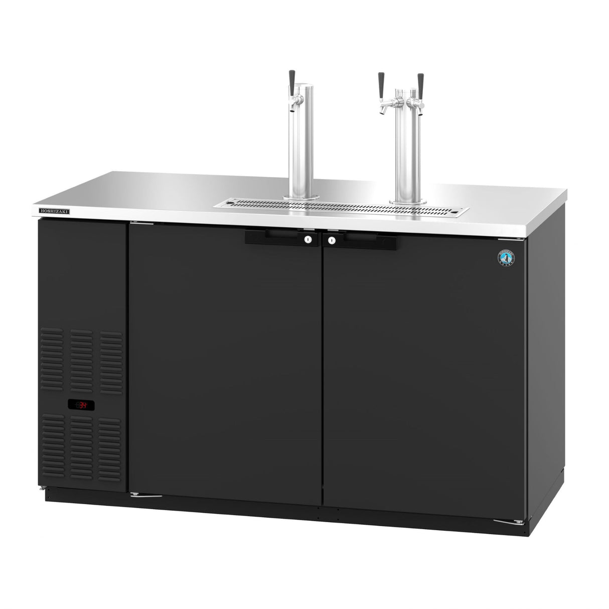 Black Hoshizaki HDD-2-59 Draft Beer Cooler with stainless steel top and dual tap towers