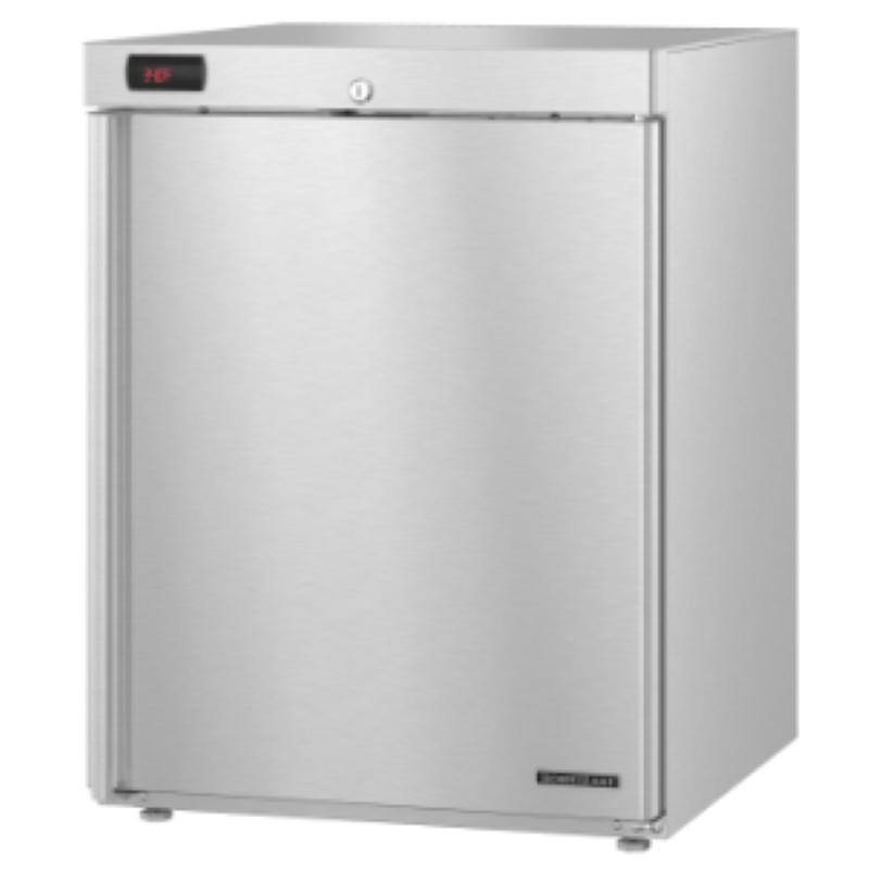 Stainless steel mini refrigerator featuring a solid door from Hoshizaki HR24C Compact Undercounter