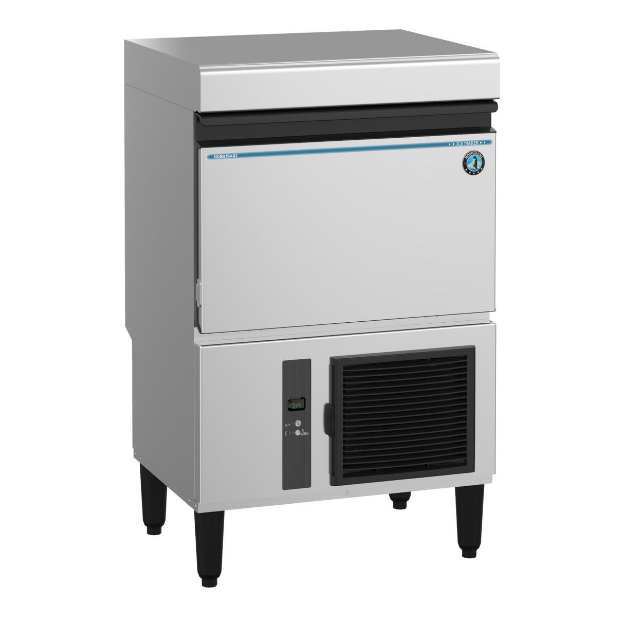 Commercial ice maker with stainless steel finish and front storage bin for individual sphere cubes
