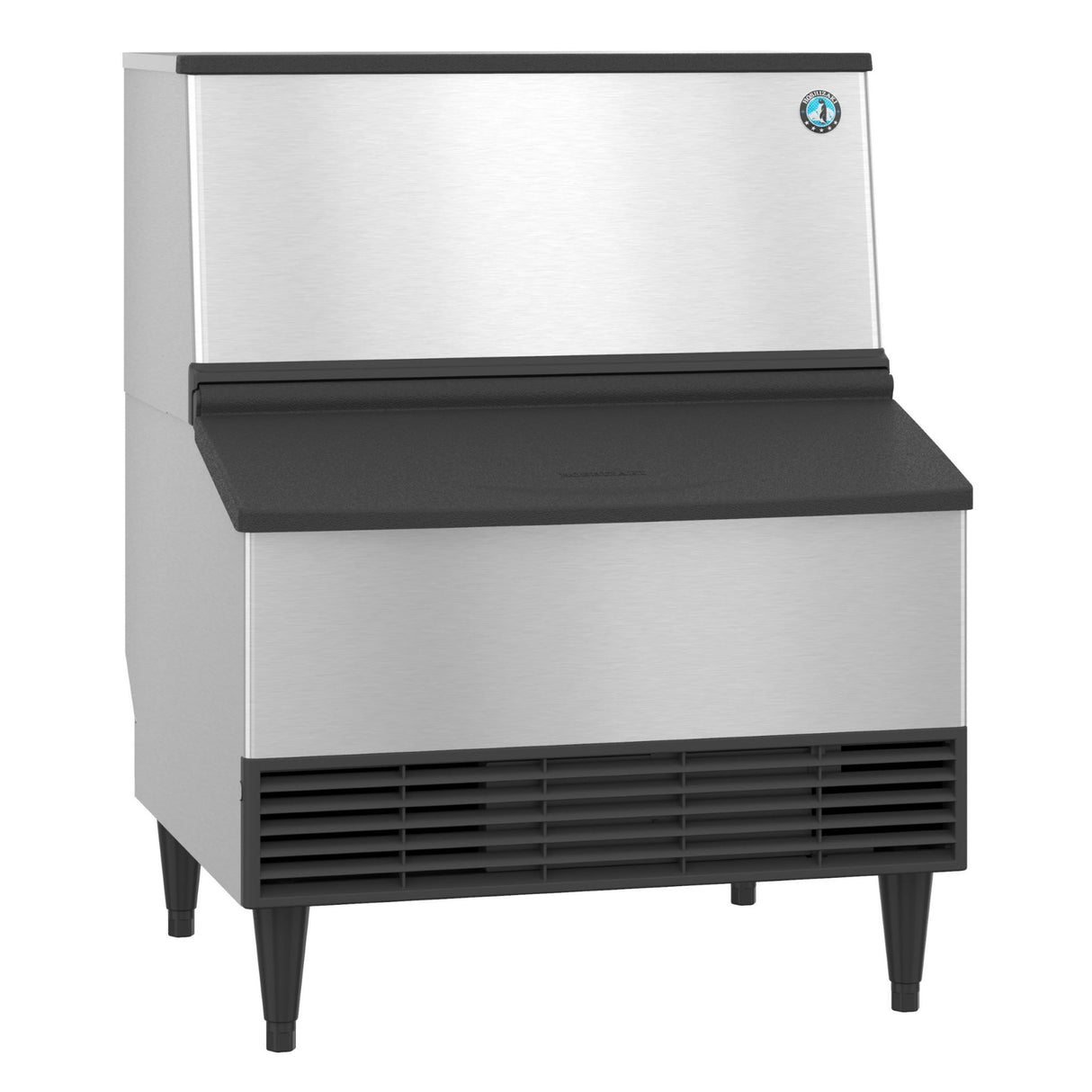 Stainless steel Hoshizaki KM-301BWJ ice maker with black base and self-contained condenser