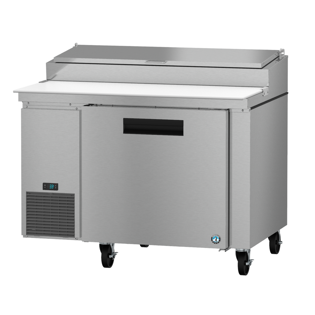 Stainless steel commercial pizza prep table on wheels from Hoshizaki Steelheart Series Pizza