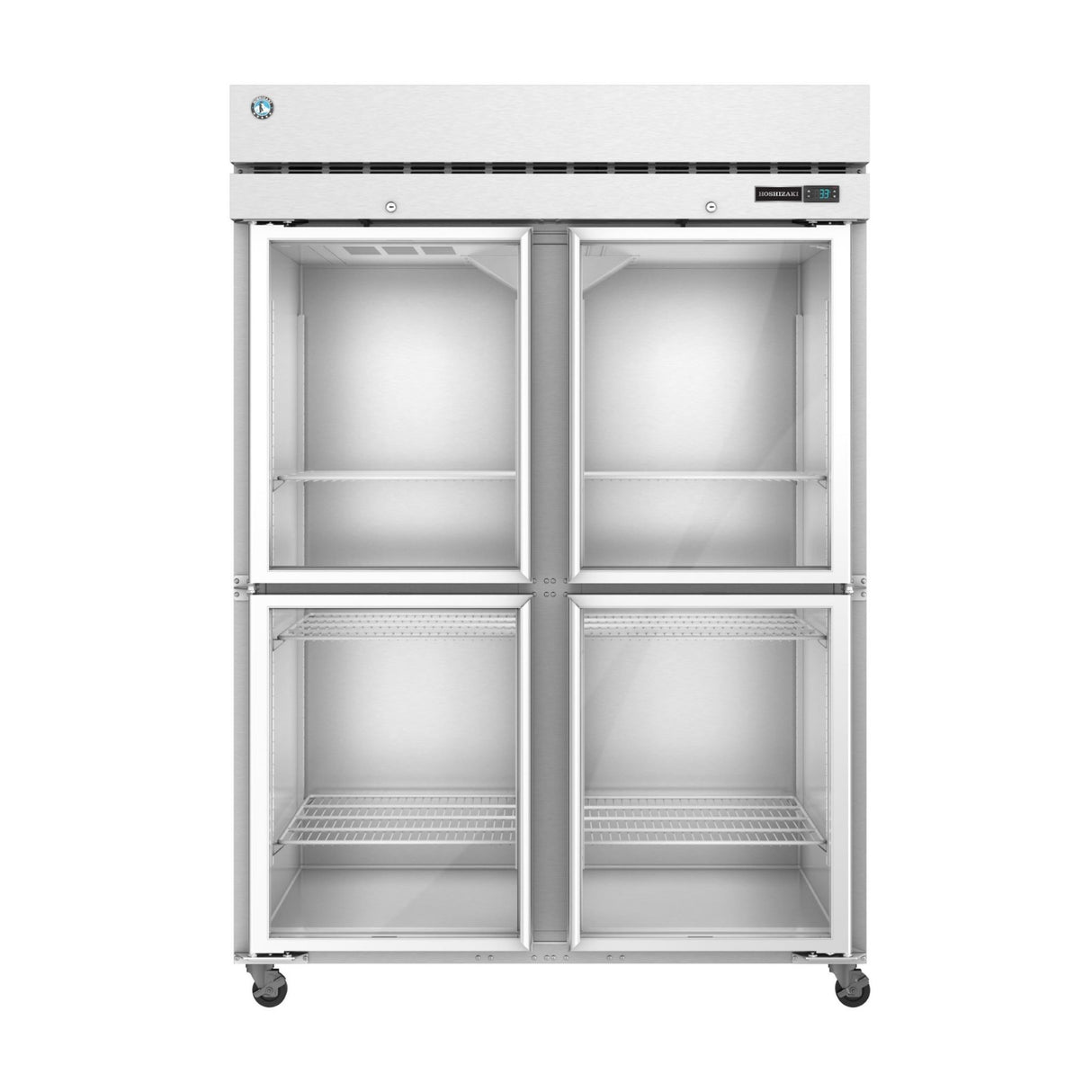 Commercial Hoshizaki Steelheart Series Refrigerator with four glass doors and wheels