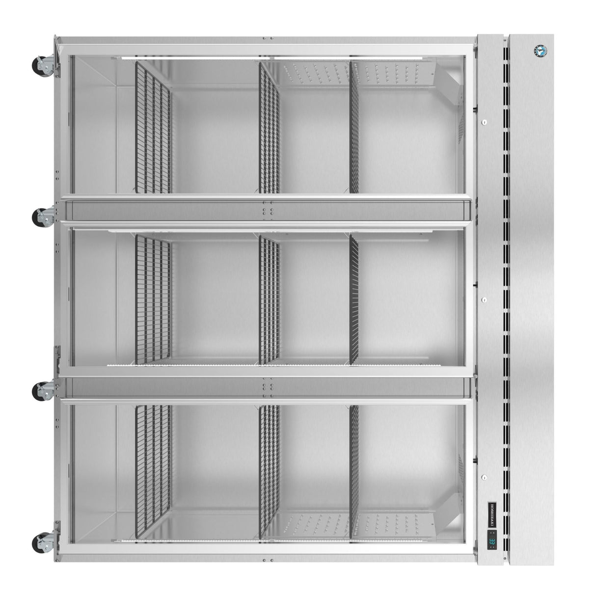 Empty stainless steel commercial refrigerator shelving unit in Hoshizaki Steelheart Series