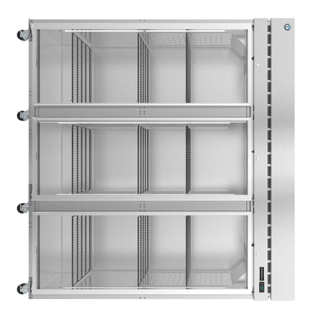 Empty stainless steel commercial refrigerator shelving unit in Hoshizaki Steelheart Series