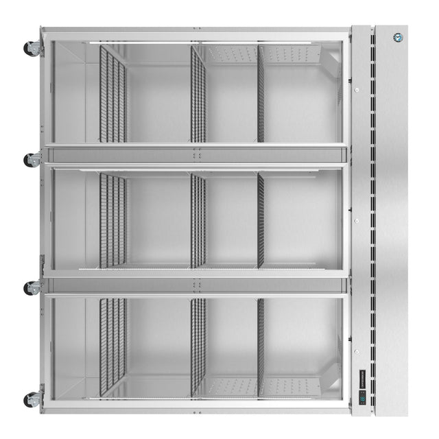 Empty stainless steel commercial refrigerator shelving unit in Hoshizaki Steelheart Series