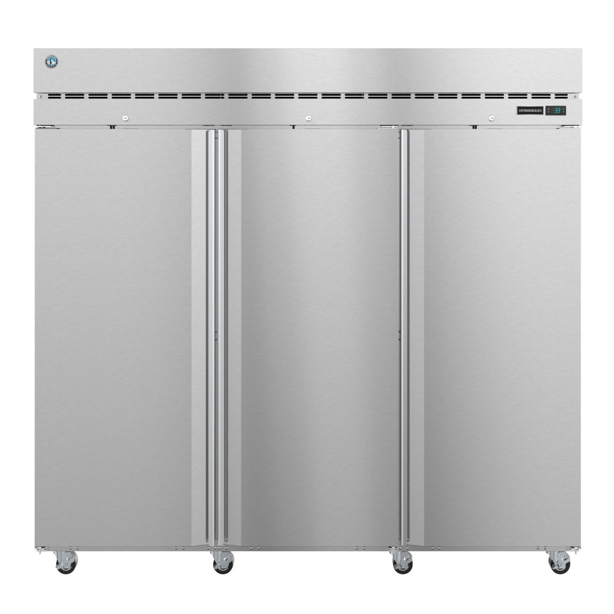 Stainless steel three-door Hoshizaki Steelheart Series refrigerator on wheels