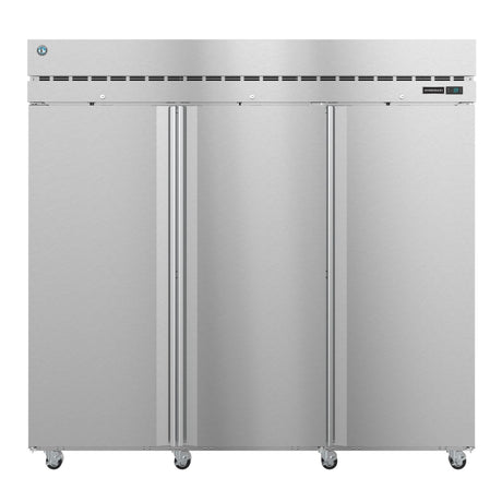 Stainless steel three-door Hoshizaki Steelheart Series refrigerator on wheels