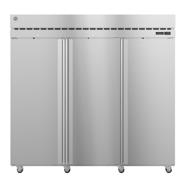 Stainless steel three-door Hoshizaki Steelheart Series refrigerator on wheels