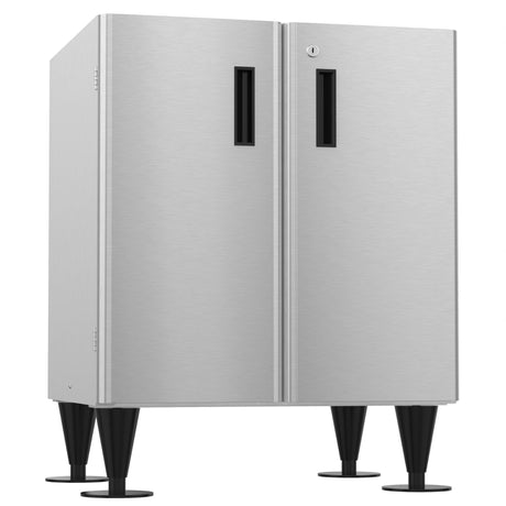 Stainless steel equipment stand cabinet base with adjustable legs and locking doors for icemaker dispensers