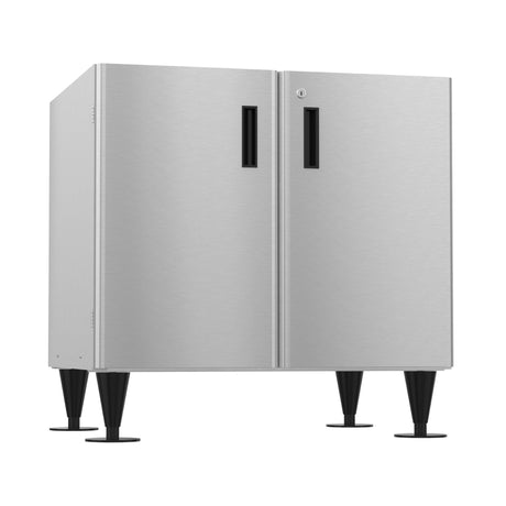 Stainless steel equipment stand with adjustable legs and locking doors for icemaker dispensers