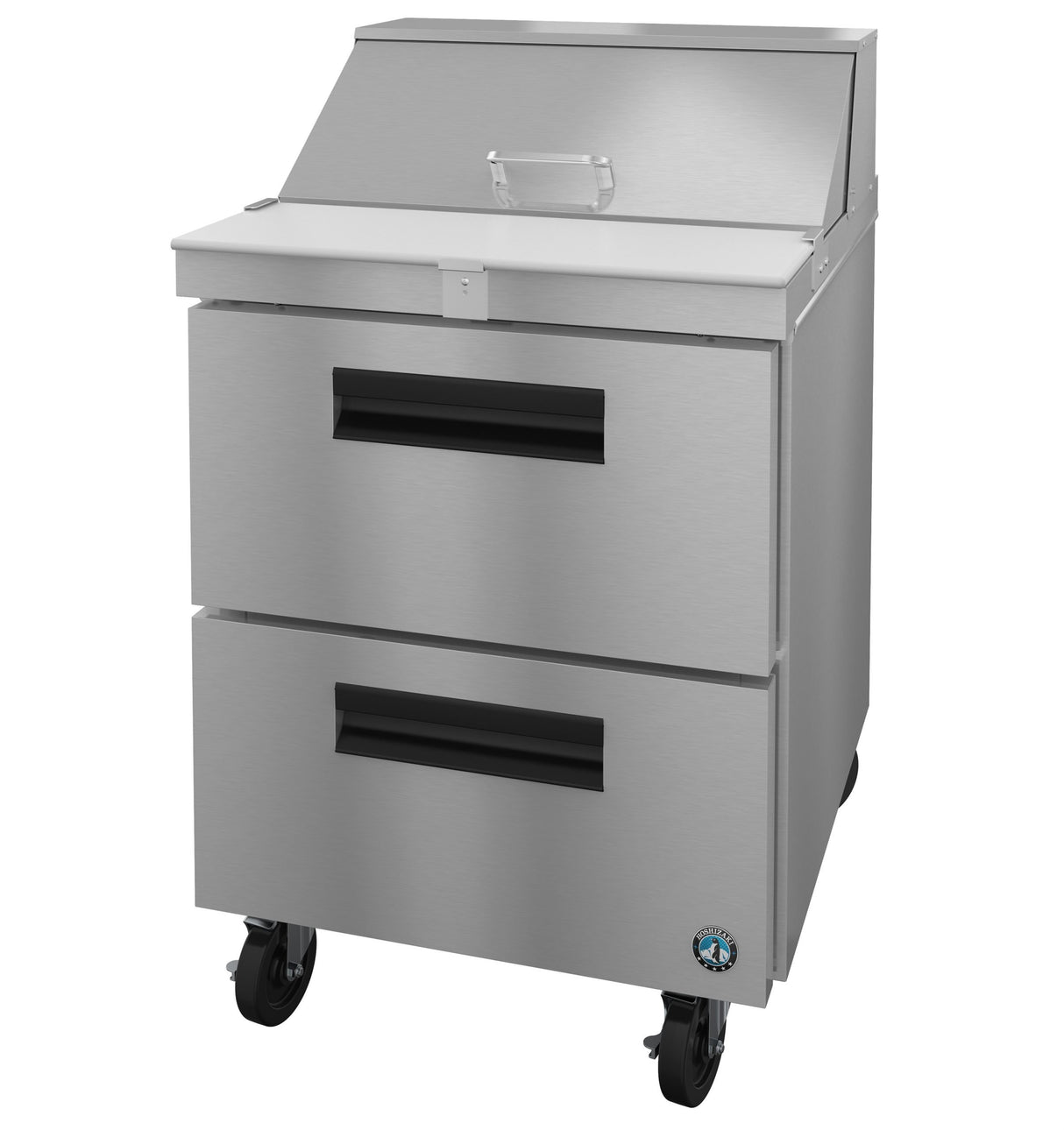 Stainless steel refrigerated prep table on wheels from Hoshizaki SR27B-8D2 Steelheart Series Sandwich